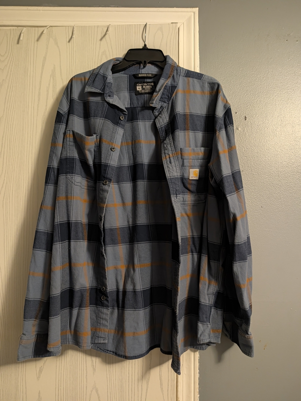 Carhartt Men's Light Blue and Navy Plaid Button-Down Shirt with Orange Stripes
